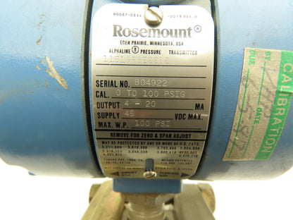 Rosemount 1151GP6E22B2 Differential Pressure Transmitter Max 45DCV WP 0-100 PSI
