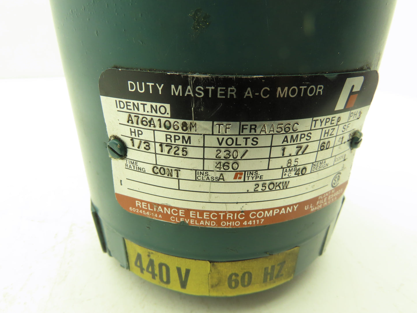Reliance A76A1068M AC Motor 1/3Hp 1725rpm 230/460v 3Ph Shaft 5/8" AA56C