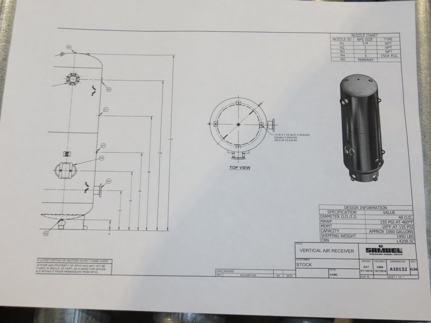 Steel Fab Vertical Compressed Air Receiver Tank 1060 Gallon 150 PSI 46"x 156"