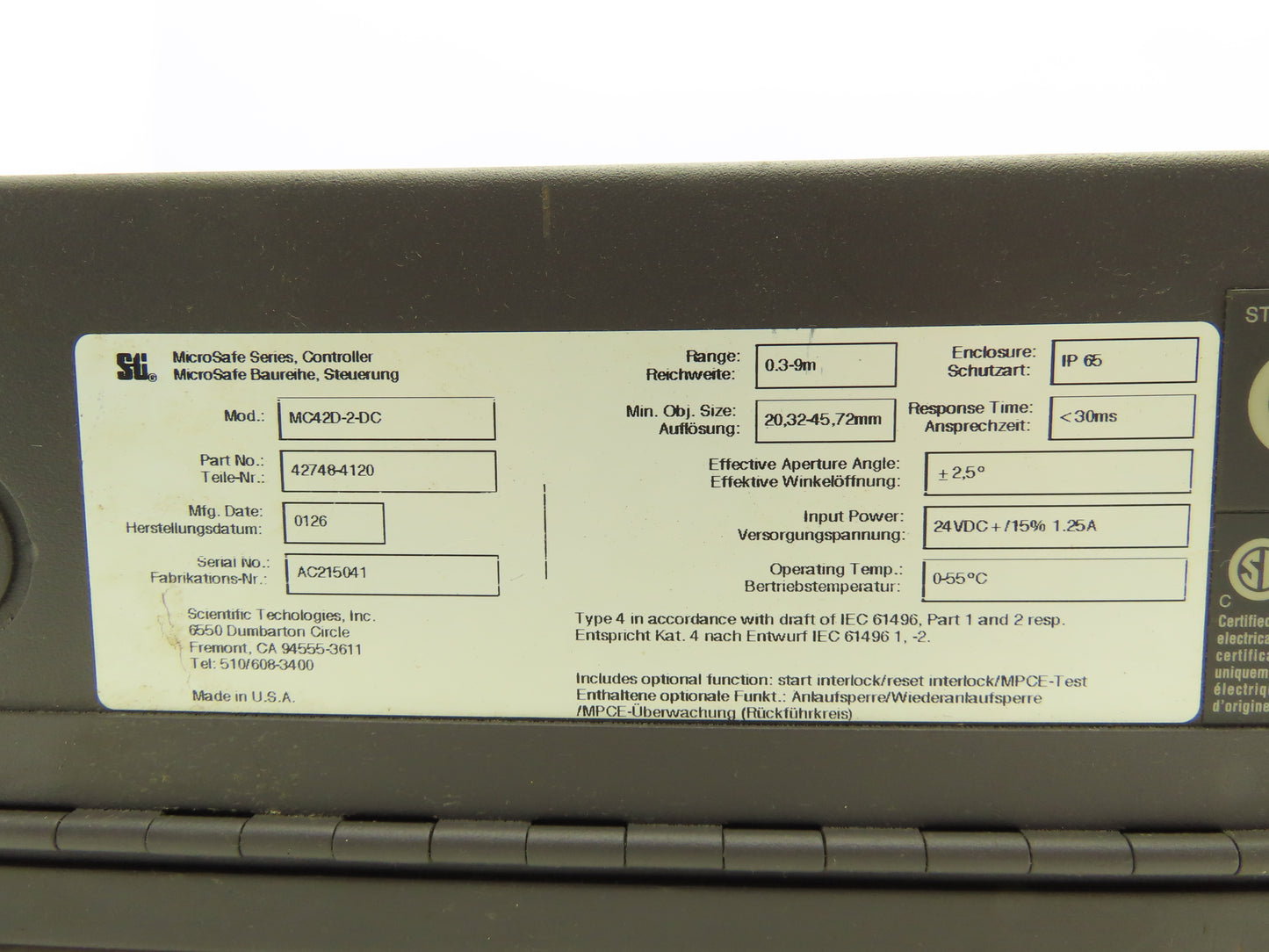STI 42748-4120 MicroSafe Light Curtain Control Box MC42D-2-DC 0.3-9M Range