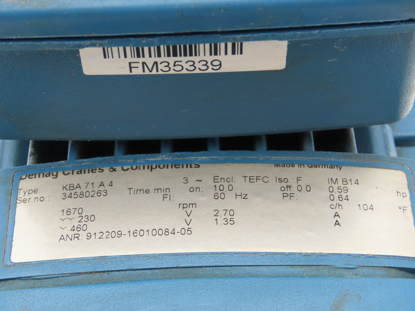 Demag KBA 71 A4 Crane Brake Motor .59Hp 1670 RPM 230/460V 3PH Conical-Rotor