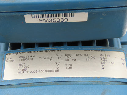 Demag KBA 71 A4 Crane Brake Motor .59Hp 1670 RPM 230/460V 3PH Conical-Rotor