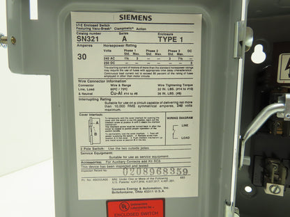 Siemens SN321 30A Fusible Heavy Duty Disconnect 240VAC 2 Pole Type 1 Series A