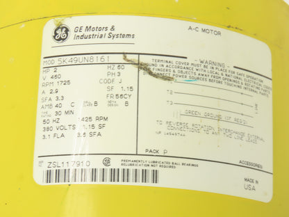 GE General Electric 5K49UN8161 AC Motor 2Hp 1725 RPM 460V 3PH 56CY 30min Rating