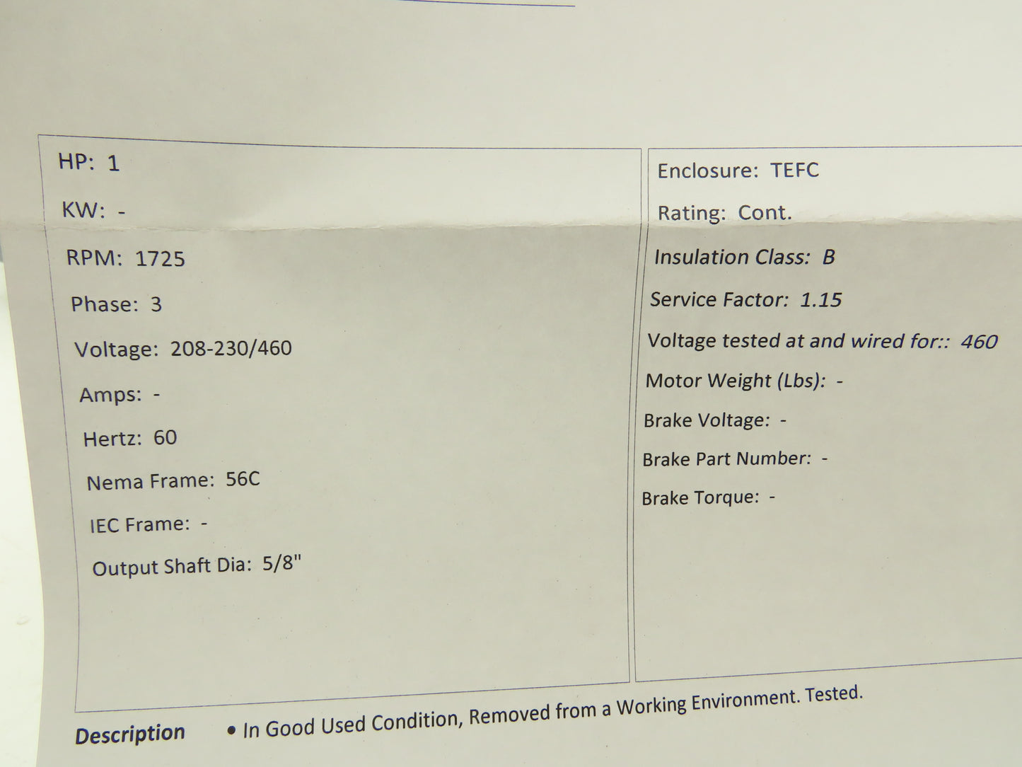 Boston Gear HUTF-5/8-B AC Motor 1Hp 1725 RPM 230/460V 3PH 56C TEFC
