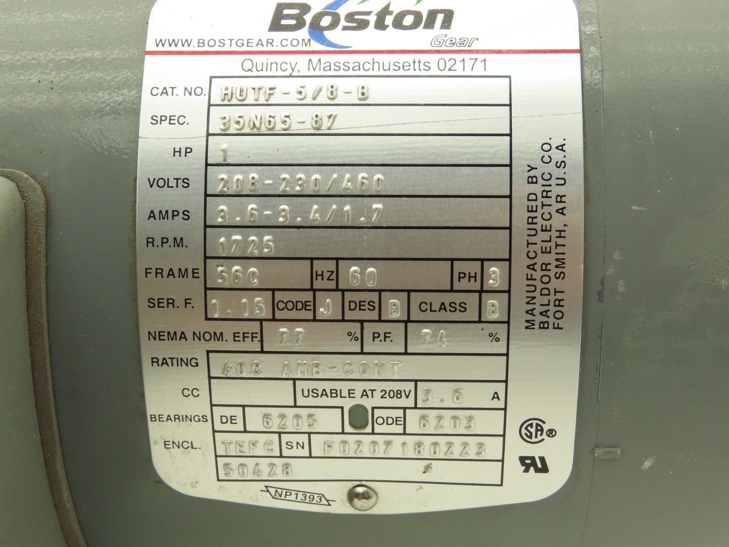 Boston Gear HUTF-5/8-B AC Motor 1Hp 1725 RPM 230/460V 3PH 56C TEFC