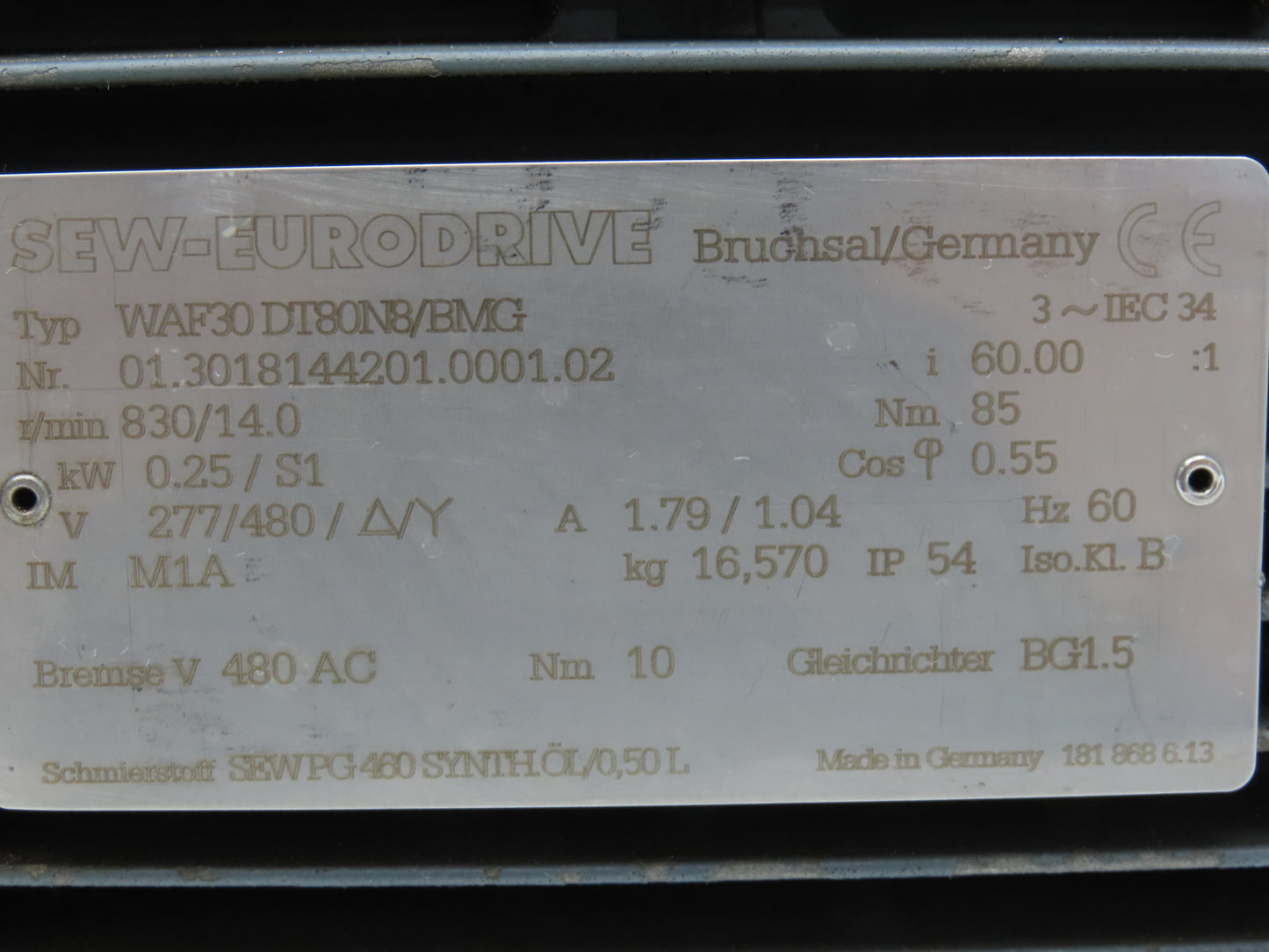Sew Eurodrive WAF30DT80N8/BMG Brake Gearmotor 60:1 Ratio 14rpm .25kw 277/480V