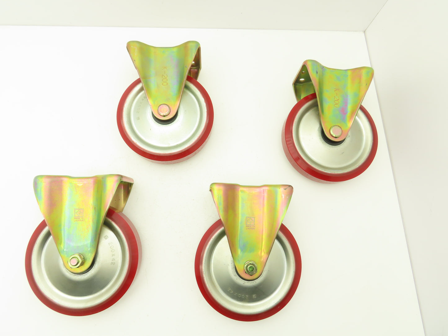 200x42mm 8" Red Polyurethane Rigid Plate Caster Wheel  Lot of 4