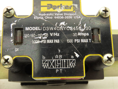 Parker D3W4CNYCS456 30 Hydraulic Directional Control Solenoid Valve 120VAC .30A