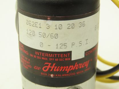 Humphrey 062E1-3-10-20-36 Solenoid Valve 0-125psi 1/4" NPT 120V Continuous Coil