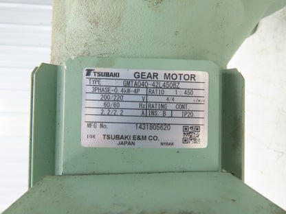 Tsubaki GMTA040-42L450BZ Inline Gear Motor 450:1 Ratio 4rpm .4kw 220V 3PH