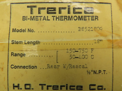 Trerice Boiler Temp Thermometer Gauge 5"Dial 18"Stem 150-750°F Bi-Metal 1/2"NPT
