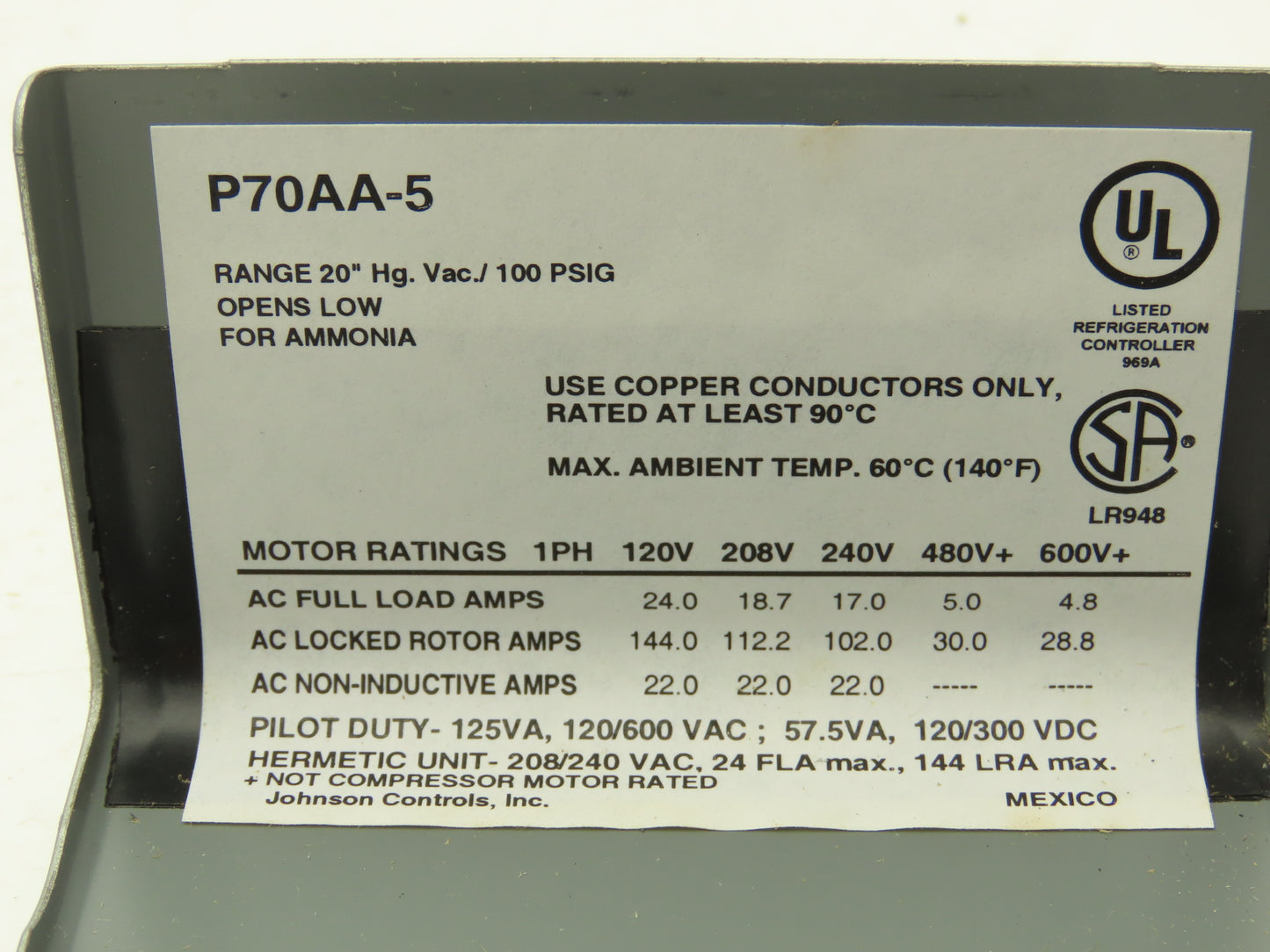 Johnson Controls P70AA-5C Open Low Pressure Control 20" HG 100 PSI 1/4" NPT