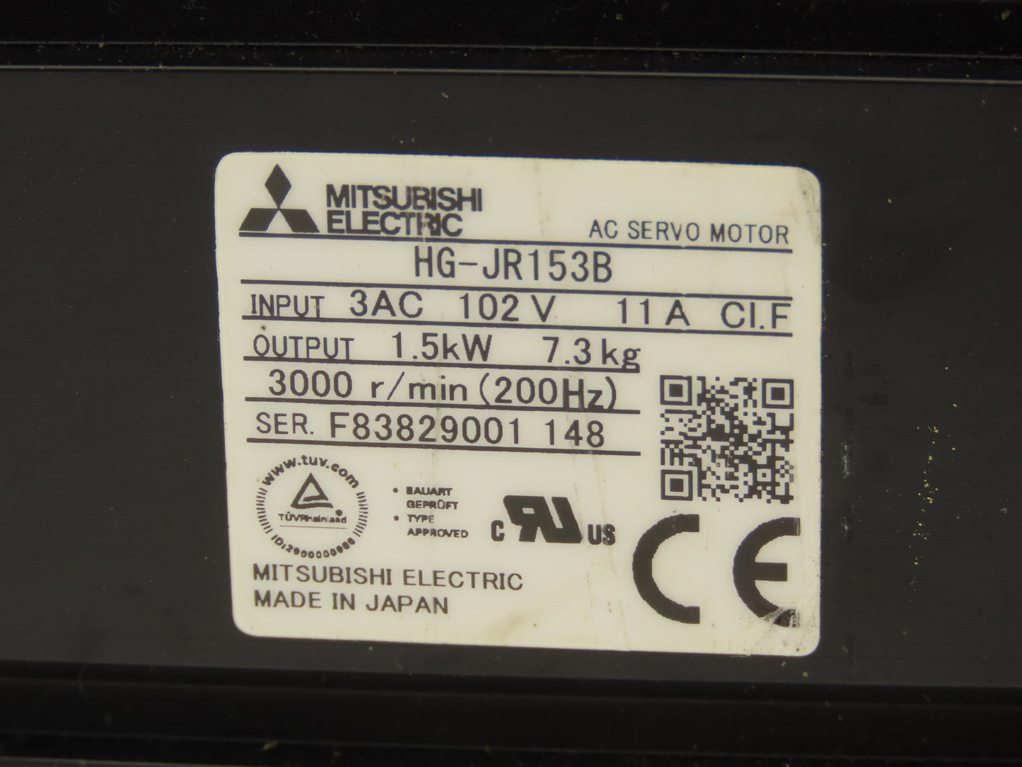 Mitsubishi HG-JR153B AC Servo Motor 1.5kw 102V 3PH 3000 RPM