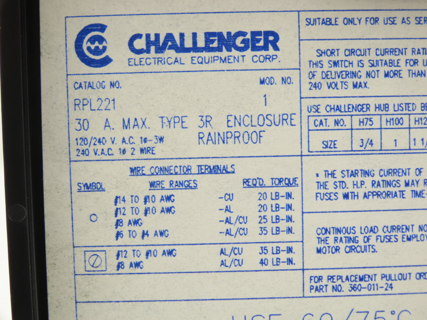 Challenger RPL221 Fusible Disconnect 30A 120/240VAC 2 Pole Rainproof Lot of 4