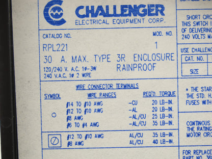 Challenger RPL221 Fusible Disconnect 30A 120/240VAC 2 Pole Rainproof Lot of 5