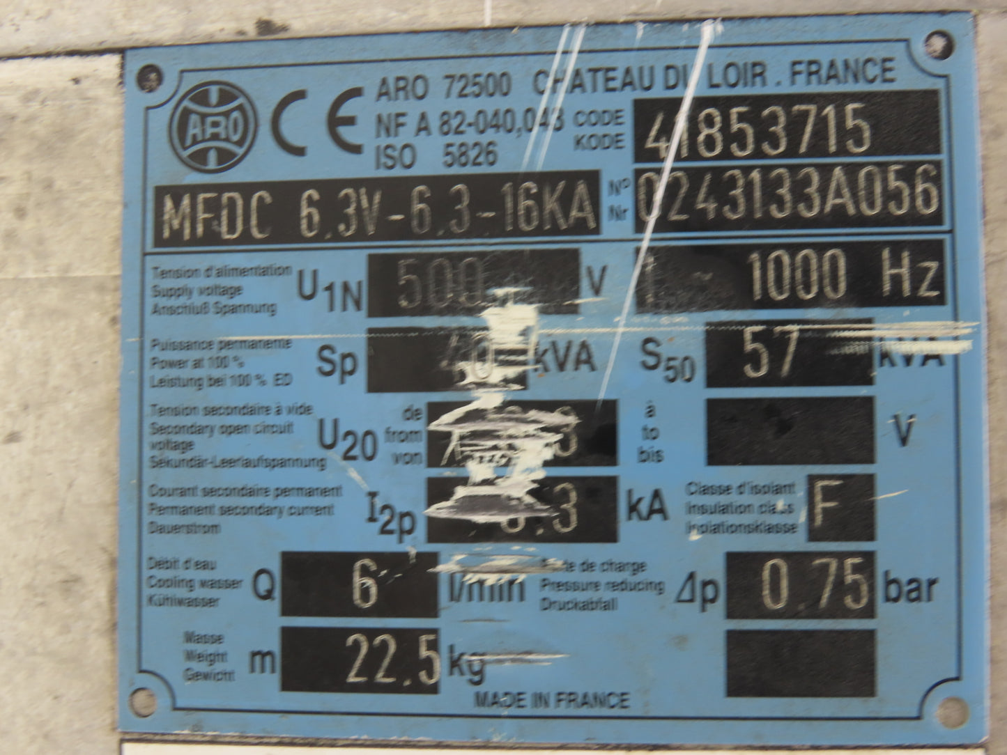 ARO 72500 41853715 Robot Welding Transformer MFDC 6.3-6.3-16KA 40KVA 500V 1000Hz