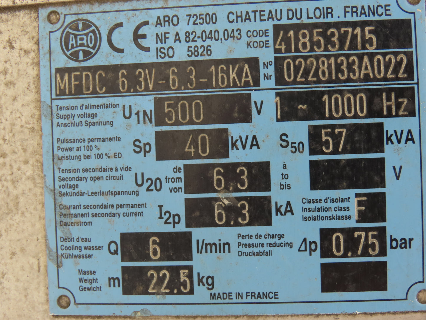 ARO 72500 41853715 Robot Welding Transformer MFDC 6.3-6.3-16KA 40KVA 500V 1000Hz