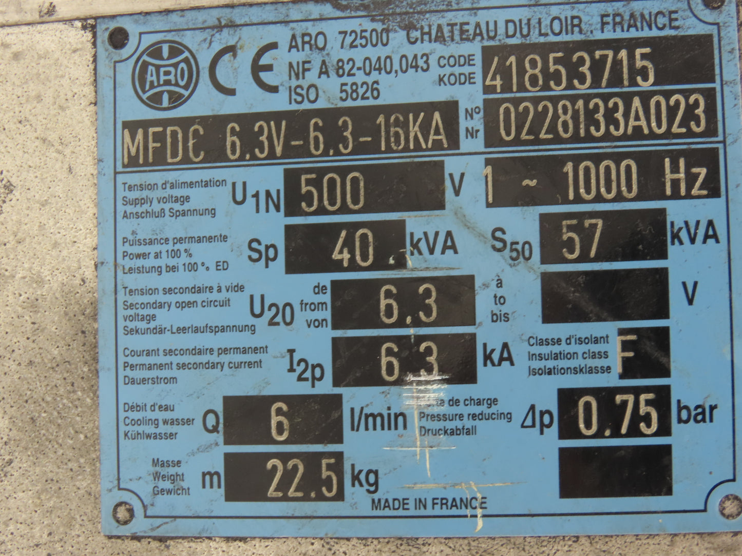 ARO 72500 41853715 Robot Welding Transformer MFDC 6.3-6.3-16KA 40KVA 500V 1000Hz