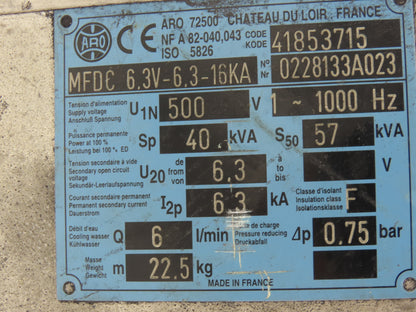 ARO 72500 41853715 Robot Welding Transformer MFDC 6.3-6.3-16KA 40KVA 500V 1000Hz