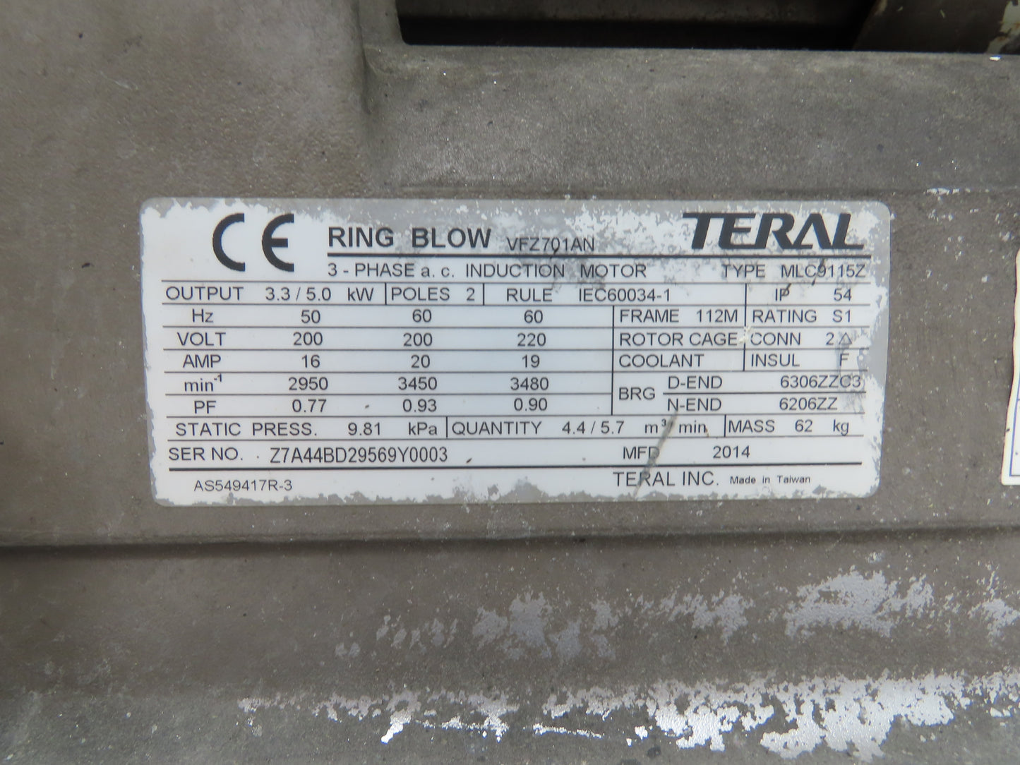 Teral MLC9115Z Regenerative Blower Vacuum Pump 200CFM 5kw 230V 3PH 2"NPT