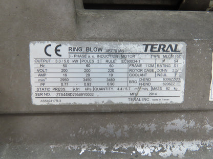 Teral MLC9115Z Regenerative Blower Vacuum Pump 200CFM 5kw 230V 3PH 2"NPT
