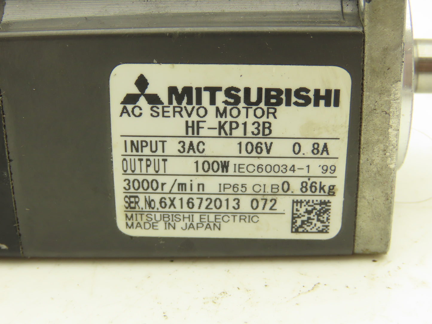 Mitsubishi HF-KP13B AC Servo Motor w/Brake 106V 3PH 100W 3000 RPM