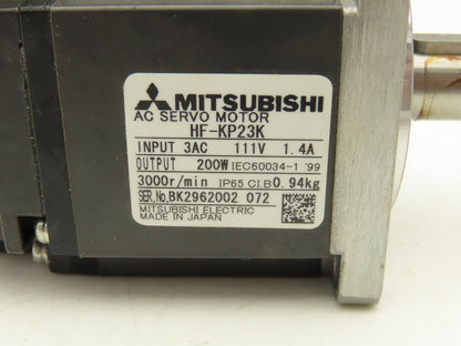 Mitsubishi HF-KP23K Servo Motor 111V 3PH 200W 3000 RPM Shaft 14mm