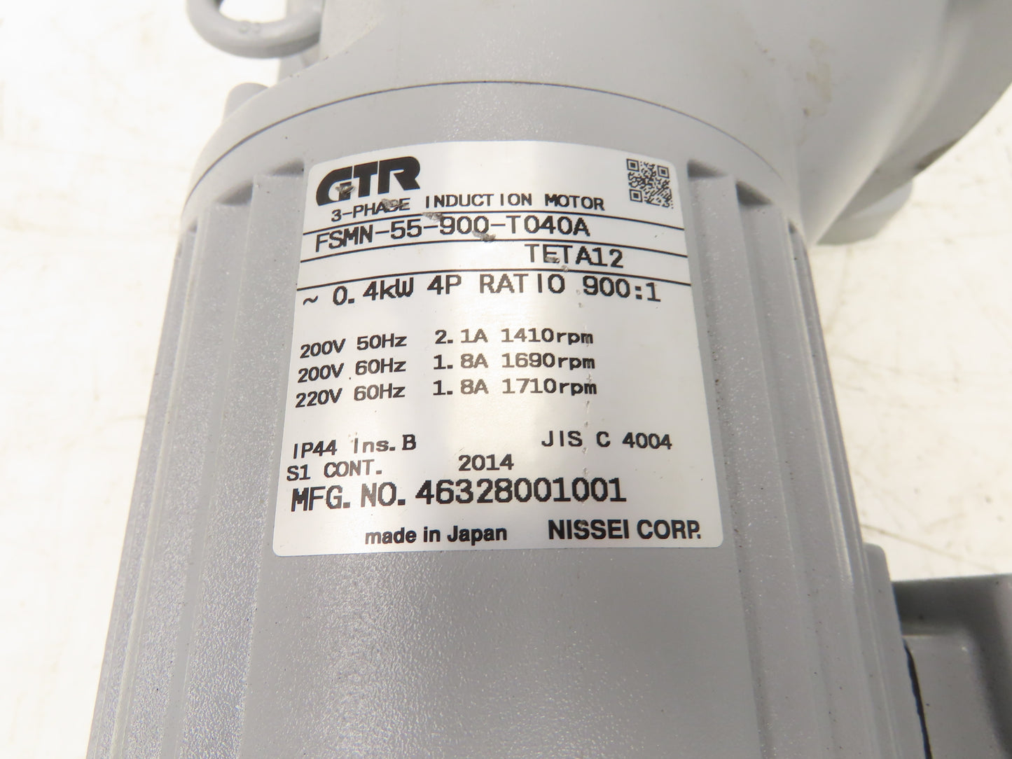 Nissei GTR FSMN-55-900-T040A Gear Motor 900:1 /1.9rpm .4kw 220V 3PH Hollow Shaft