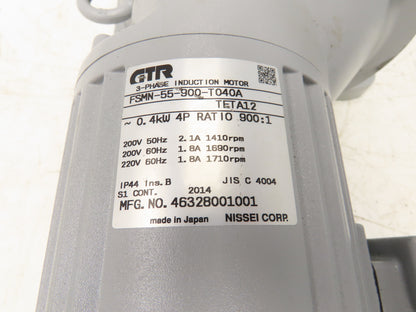 Nissei GTR FSMN-55-900-T040A Gear Motor 900:1 /1.9rpm .4kw 220V 3PH Hollow Shaft
