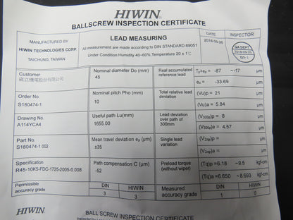 Hiwin R45-10K5-FDC-1725-2005-0.008 Ball Screw 45mm Dia 10mm Pitch 1655mm Travel