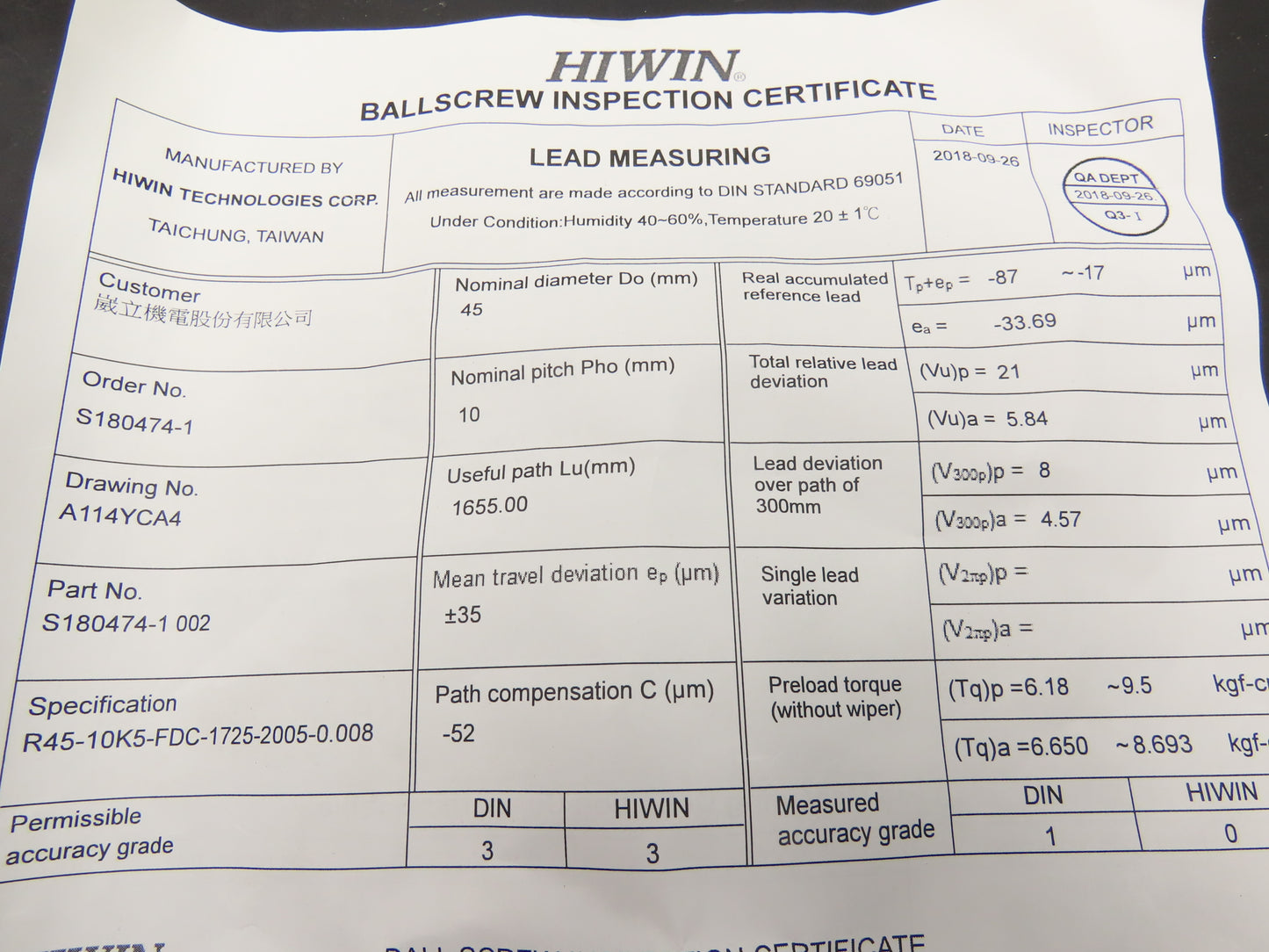 Roberts RBP-000-13907 Ball Screw 45mm Dia 10mm Pitch 1655mm Travel