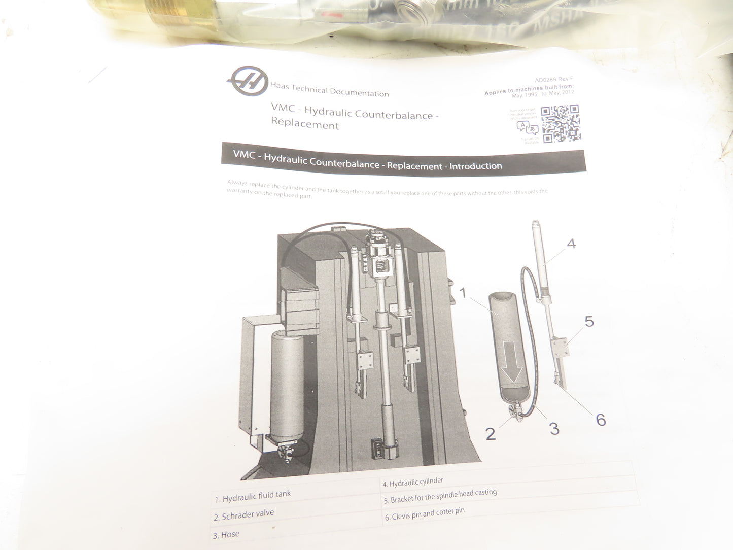 Haas 93-2562 VF3SS CNC Spindle Hydraulic Counterbalance Cylinder & Nitrogen Tank