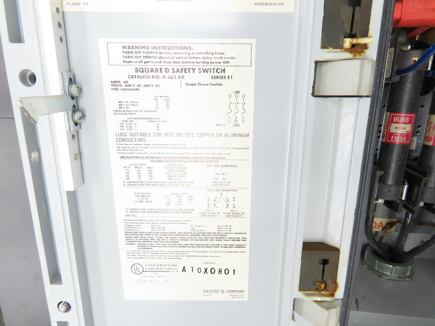 Square D H 362DX Safety Disconnect Switch 60A 600VAC 3Ph Fused