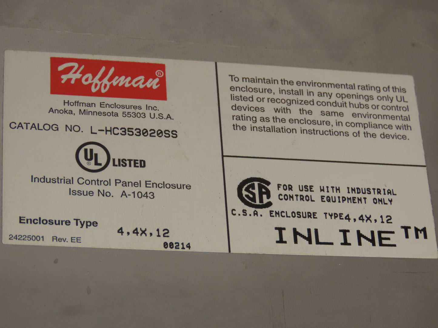 Hoffman L-HC353020SS Stainless Steel Enclosure 14 x 12 x 8" Has Holes Top & Btm