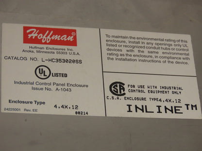 Hoffman L-HC353020SS Stainless Steel Enclosure 14 x 12 x 8" Has Holes Top & Btm