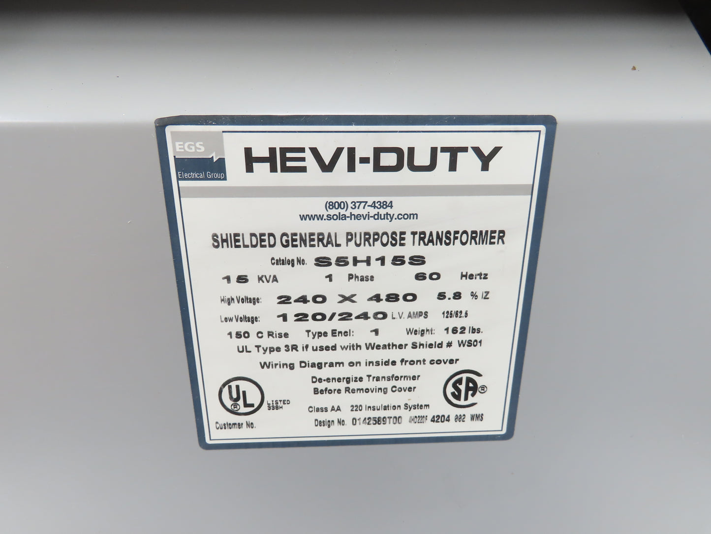 Hevi-Duty S5H15S Power Transformer 15kva Single Phase HV 240/480V LV 120/240V