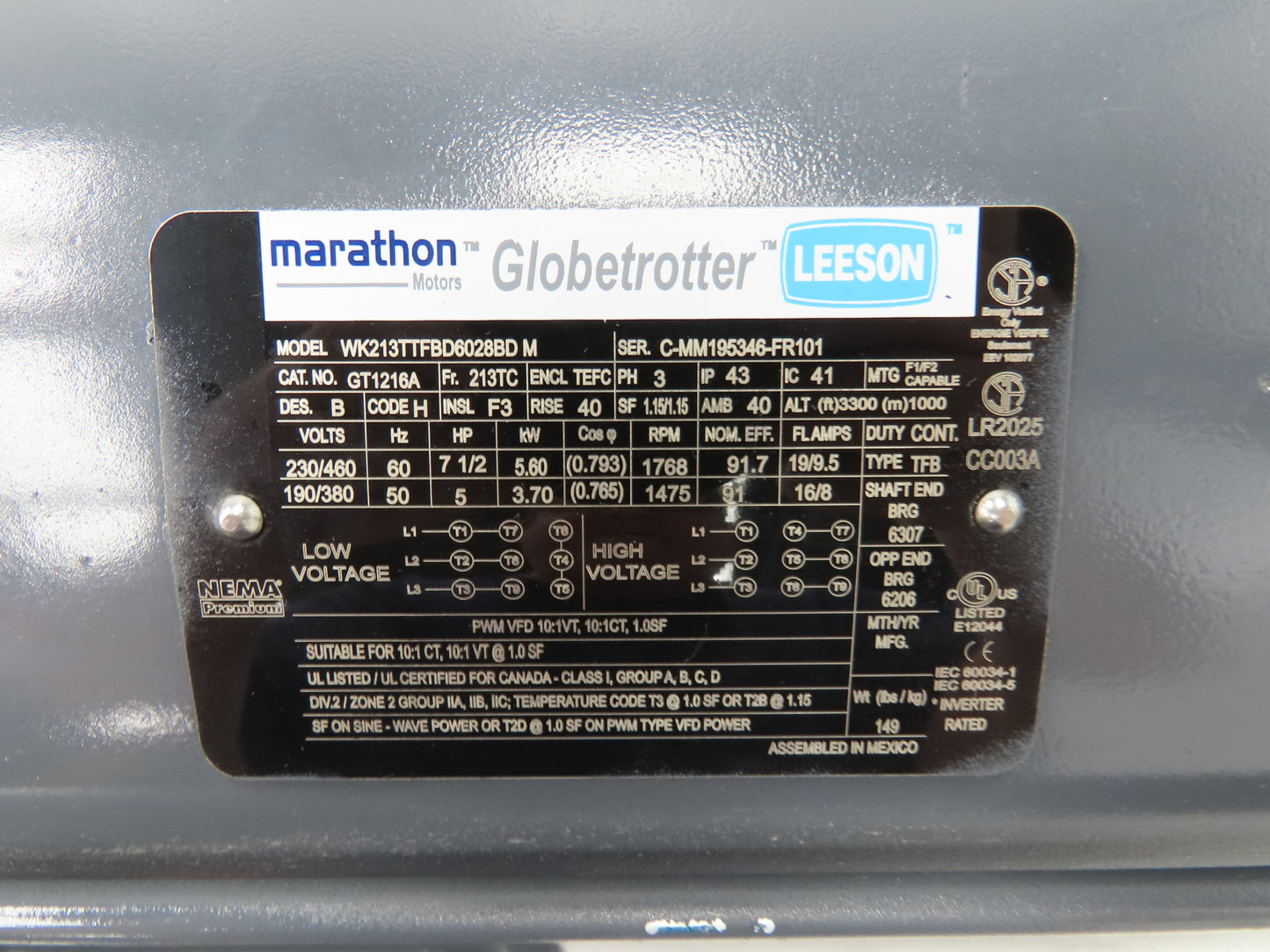 Marathon Leeson WK213TTFBD6028BD Globetrotter Motor 7.5Hp 1768 RPM 230/460V 3PH