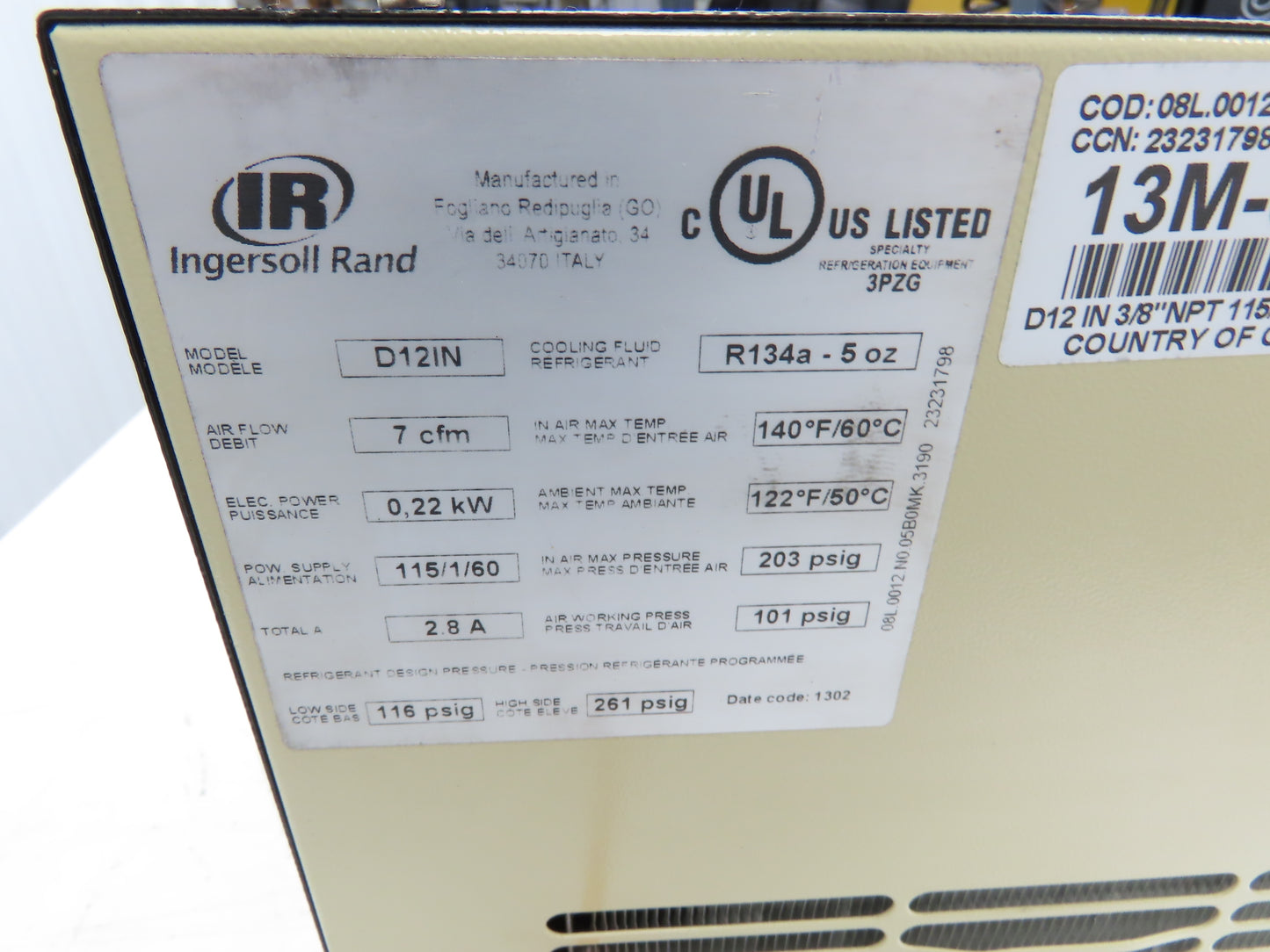 Ingersoll Rand D12IN Refrigerated Air Dryer 7cfm 101psi .22kw 115V Non-Cycling