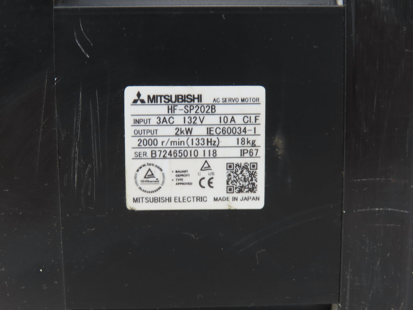 Mitsubishi HF-SP202B Servo Brake Motor 2kW 2000 RPM 132V 3PH Encoder 0BA18-100