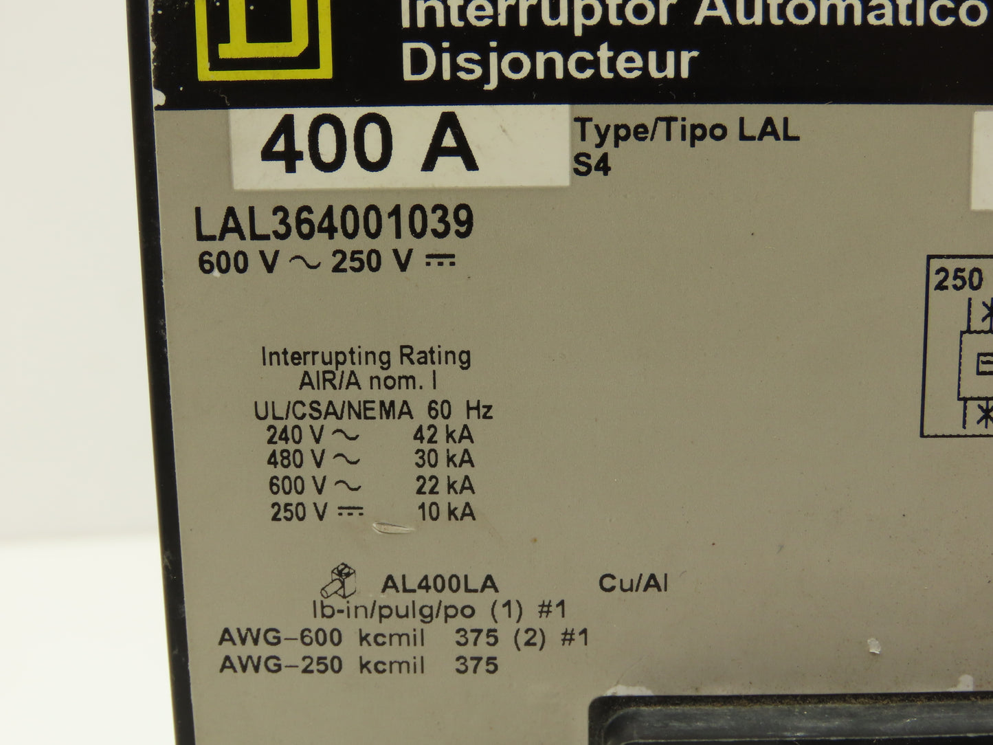Square D LAL364001039 Circuit Breaker 600VAC 400AMP 3-Pole Gray Face Mag Trip