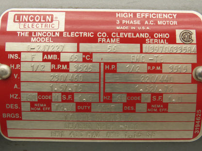 Lincoln Electric D-2J7227 AC Motor 1/2Hp 3525rpm 230/460V 3PH 56 Frame 5/8"Shaft