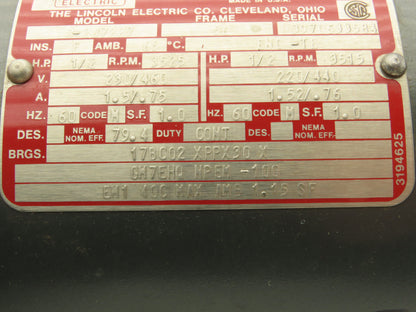 Lincoln Electric D-2J7227 AC Motor 1/2Hp 3525rpm 230/460V 3PH 56 Frame 5/8"Shaft