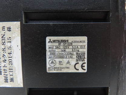 Mitsubishi HF-SP102B Servo Brake Motor 1kW 2000 RPM 125V 3PH 0BA18-100 *Read