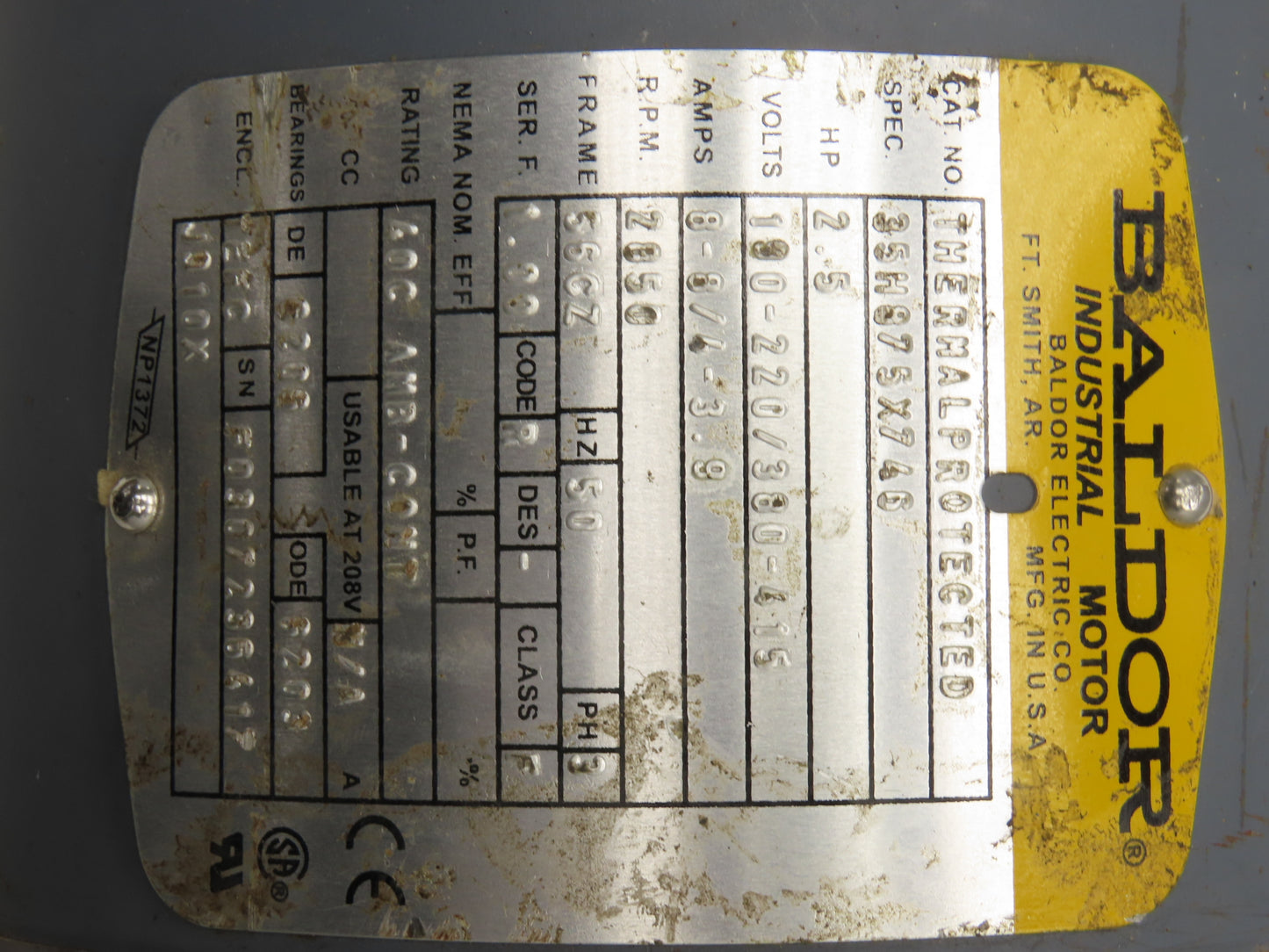 Baldor 35H875X746 Blower Motor Thermally Protected 3.5Hp 3450rpm 230/460V 56CZ