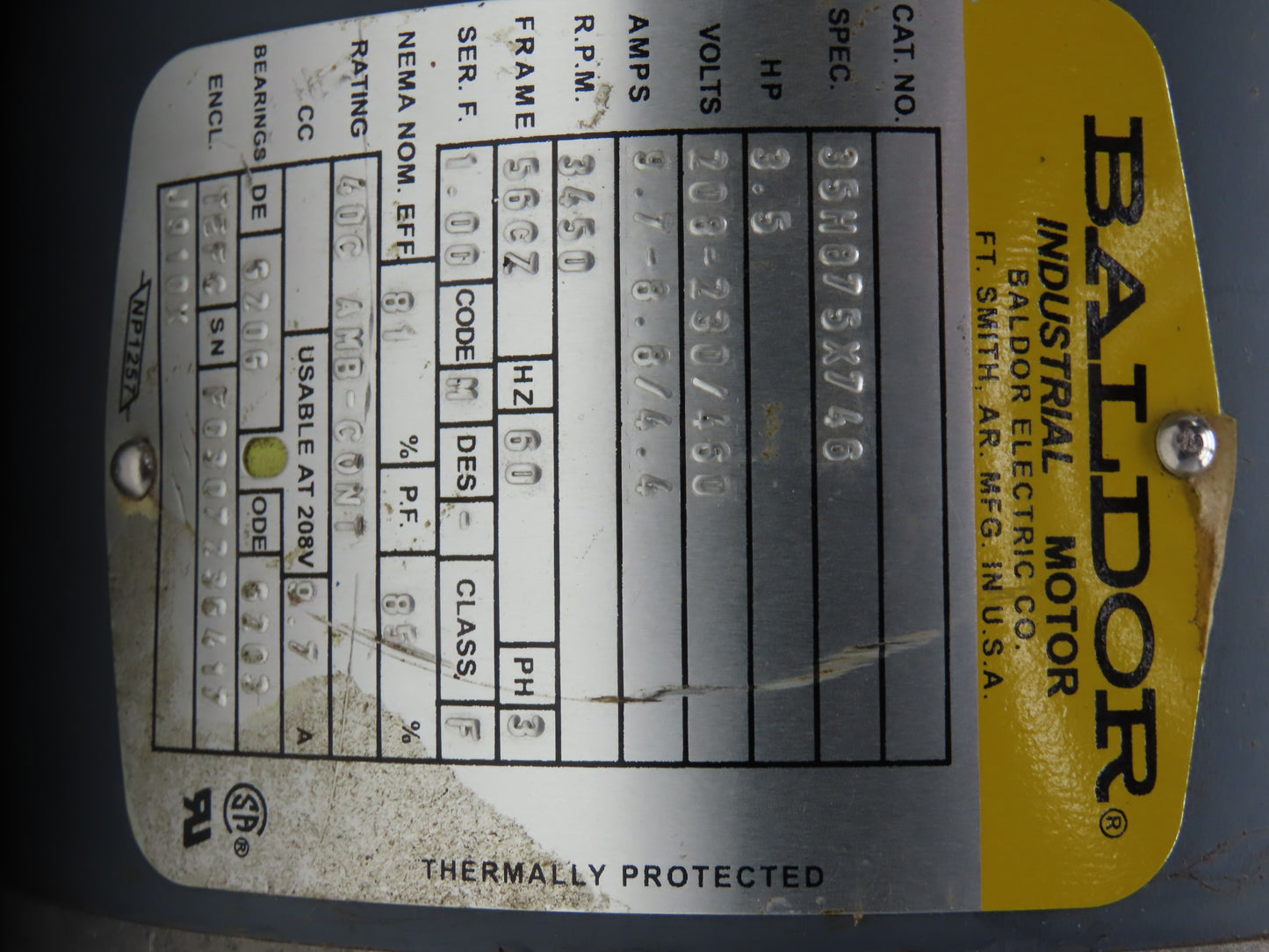 Baldor 35H875X746 Blower Motor Thermally Protected 3.5Hp 3450rpm 230/460V 56CZ