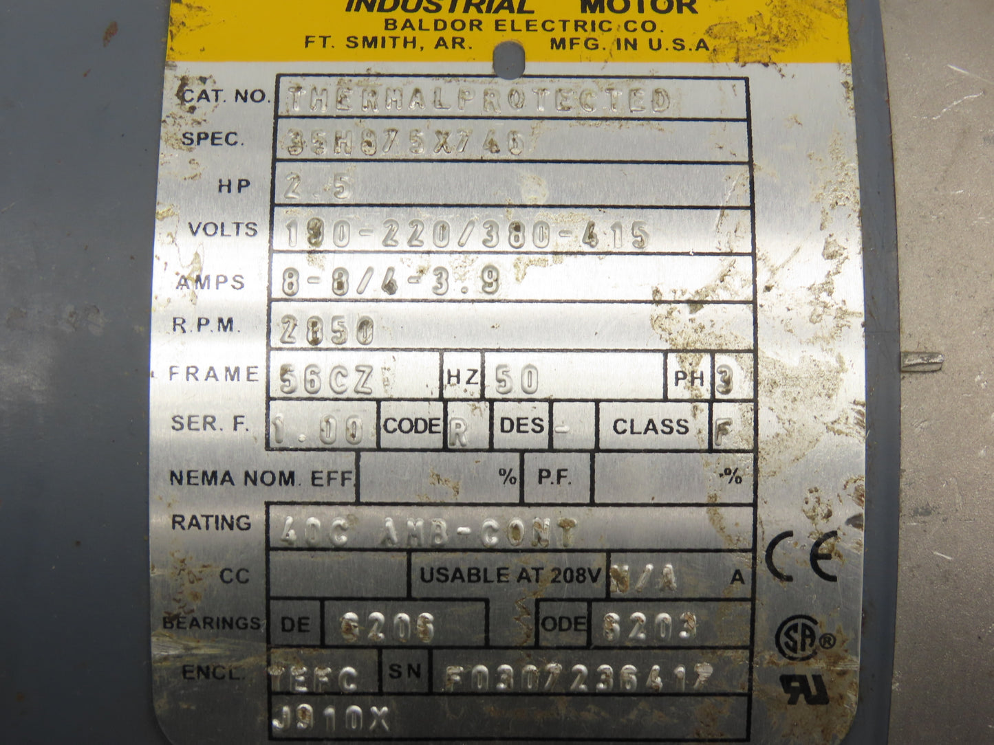 Baldor 35H875X746 Blower Motor Thermally Protected 3.5Hp 3450rpm 230/460V 56CZ