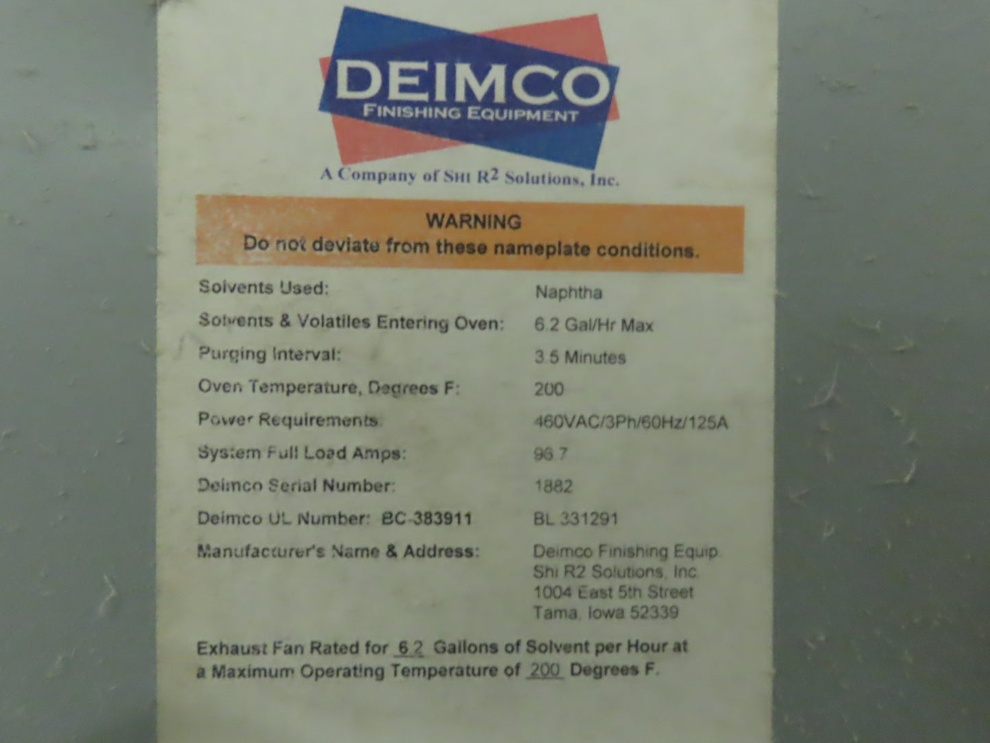 Deimco Flatline Finish Automated Finishing Equipment Cure Oven 48" Spray Booth