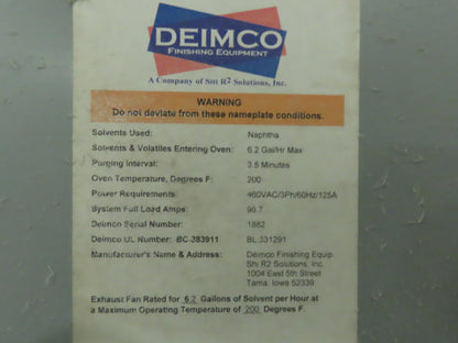 Deimco Flatline Finish Automated Finishing Equipment Cure Oven 48" Spray Booth