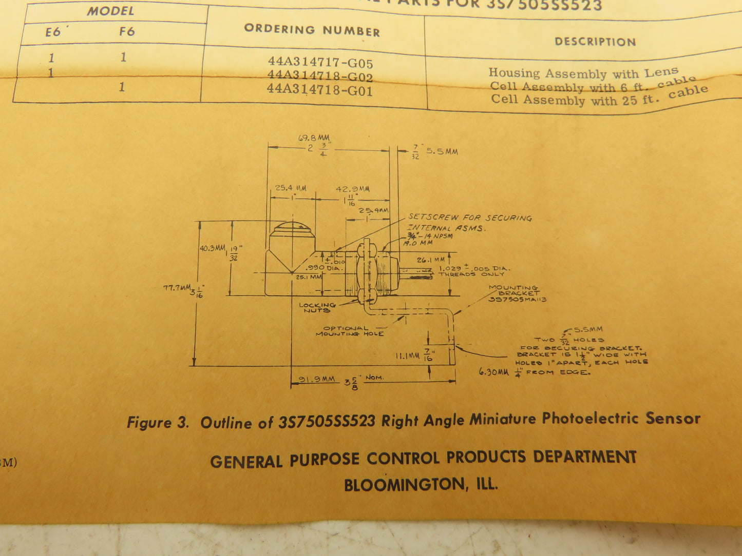General Electric 3S7505SS523E6 Photoelectric Sensor Right-Angle 6' Cord